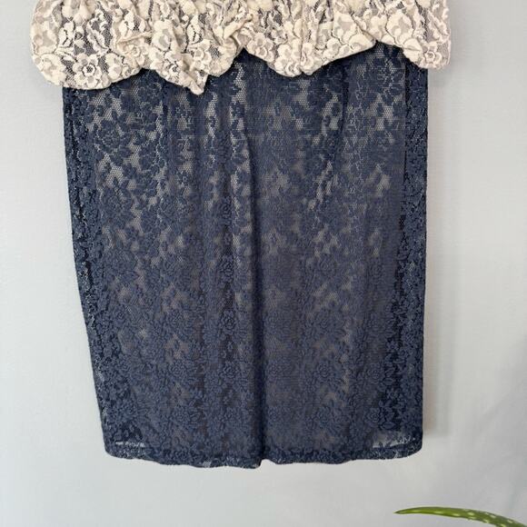 Gracia Navy Blue & Gray Lace Mini Dress Size Small w/ Satin & Beaded Flowers - Picture 3 of 7